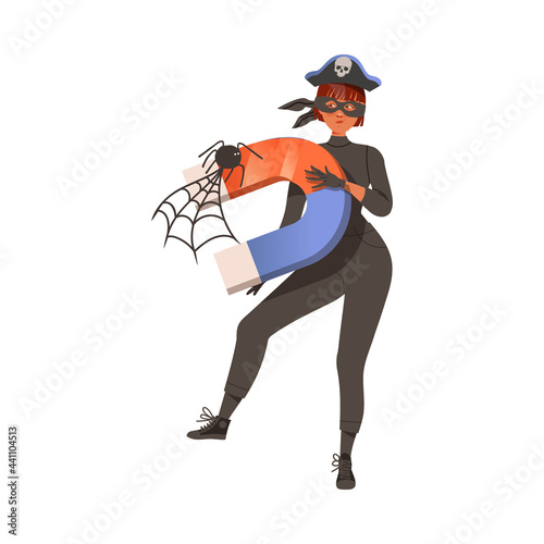 Woman Cybercriminal Wearing Black Mask Holding Magnet Committing Network and Computer Crime Harming Security and Financial Health Vector Illustration