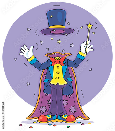 Artful circus magician illusionist with his magic wand, cloak and hat, conjuring trick of mysterious disappearance in an amusing entertaining show on a stage, vector cartoon illustration