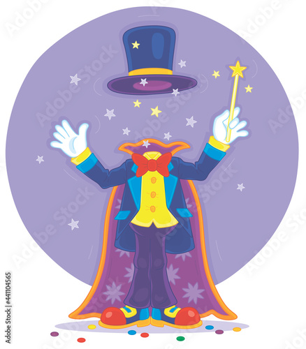 Artful circus magician illusionist with his magic wand, cloak and hat, conjuring trick of mysterious disappearance in an amusing entertaining show on a stage, vector cartoon illustration