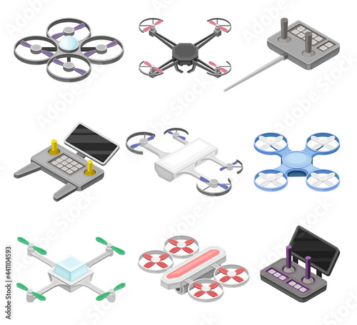 Pilotless Drone as Aerial Vehicle and Remote Control Panel Isometric Vector Set