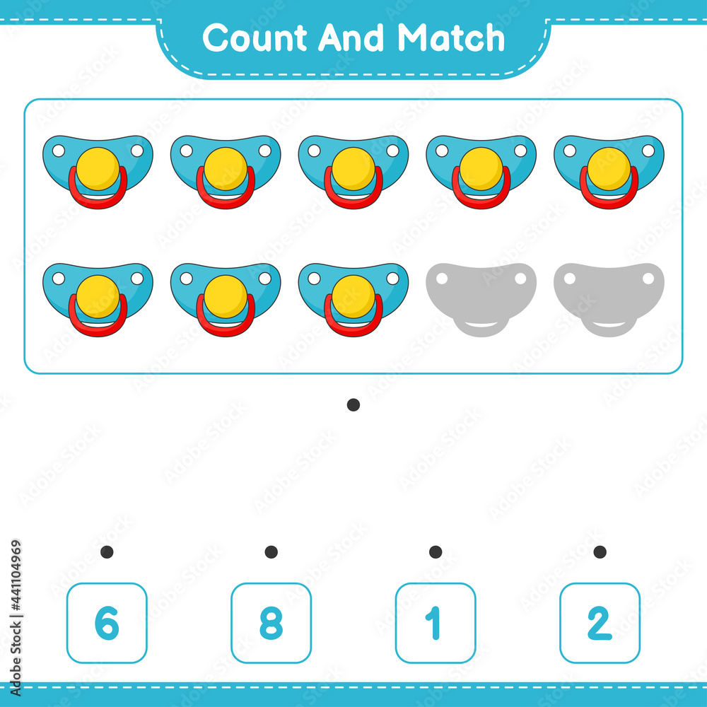 Fototapeta premium Count and match, count the number of Pacifier and match with the right numbers. Educational children game, printable worksheet, vector illustration