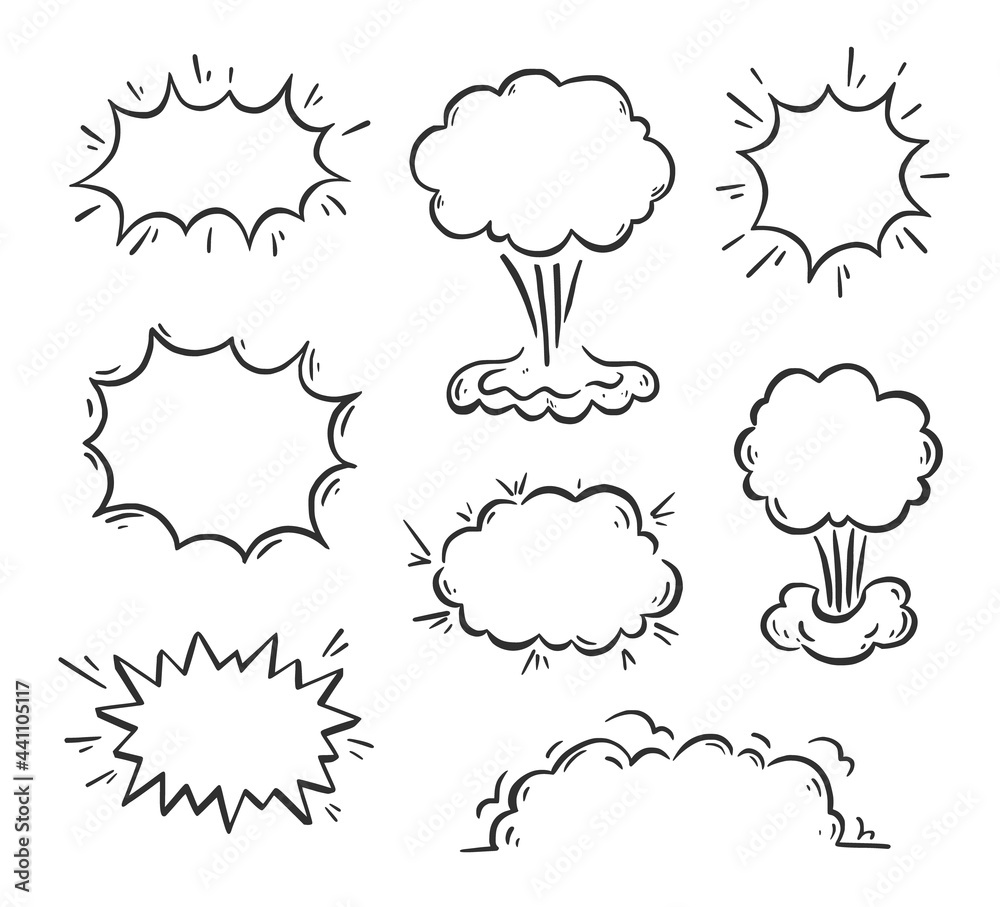 Hand drawn explosion speech bubble, splash smoke element. Comic doodle sketch. Explode speech element for text. Vector illustration.