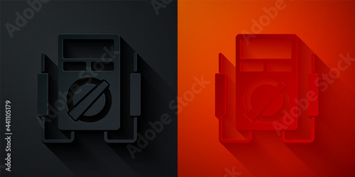 Paper cut Ampere meter, multimeter, voltmeter icon isolated on black and red background. Instruments for measurement of electric current. Paper art style. Vector
