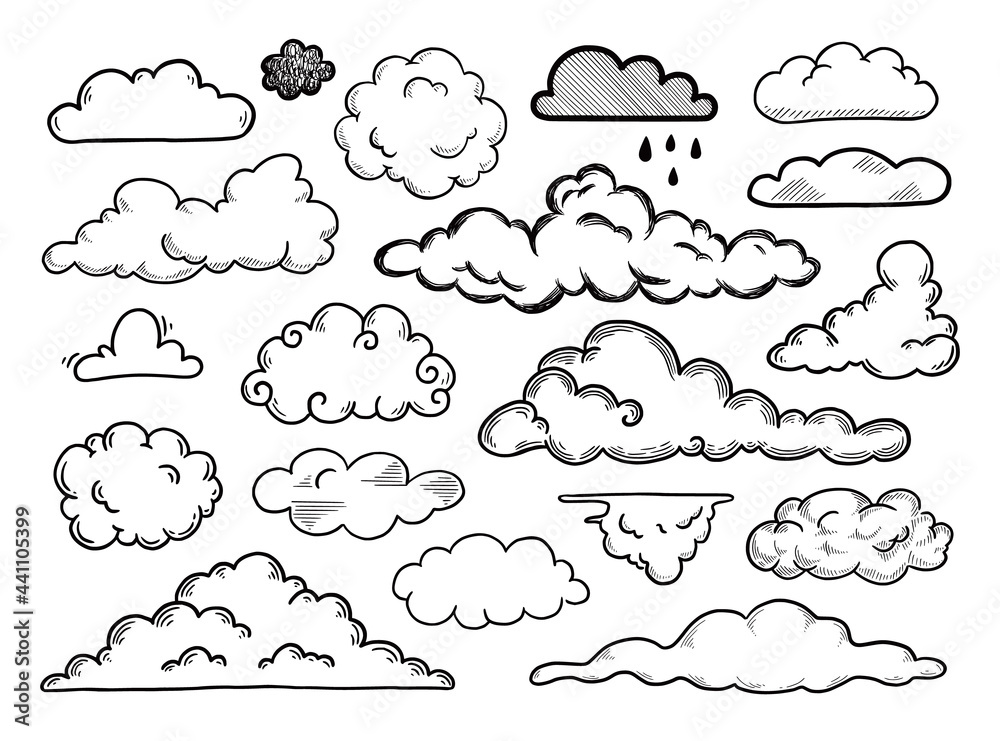 Hand drawn cloud set. Doodle sketch style cloud. Simple outline scribble draw. Vector illustration.