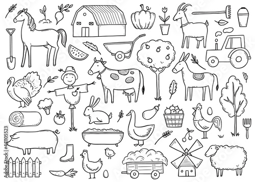 Hand drawn set farm animal, horse, cow, farmer food. Doodle sketch style. Agriculture life background, icon. Isolated vector illustration.