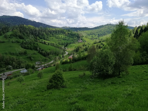 Mountain village in spring season. Carpathian mountains in early Spring, Ukraine.