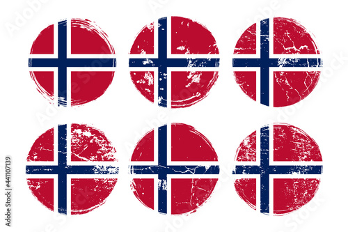 Norwegian Flag grunge textures set. National flag of Kingdom of Norway. Grungy effect templates collection for greetings cards, posters, celebrate banners and flyers. Vector illustration.	