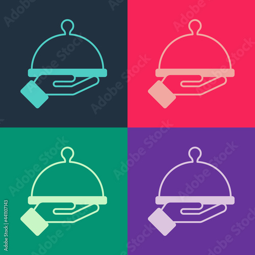 Pop art Covered with a tray of food icon isolated on color background. Tray and lid sign. Restaurant cloche with lid. Vector