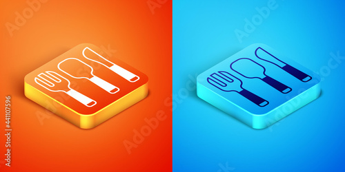 Isometric Fork, spoon and knife icon isolated on orange and blue background. Cooking utensil. Cutlery sign. Vector