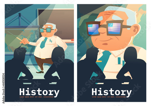 History cartoon posters, senior historian teacher with pointer at blackboard explain lesson to students sitting at desks. Human silhouettes front of image of man with USA flag reflection in glasses