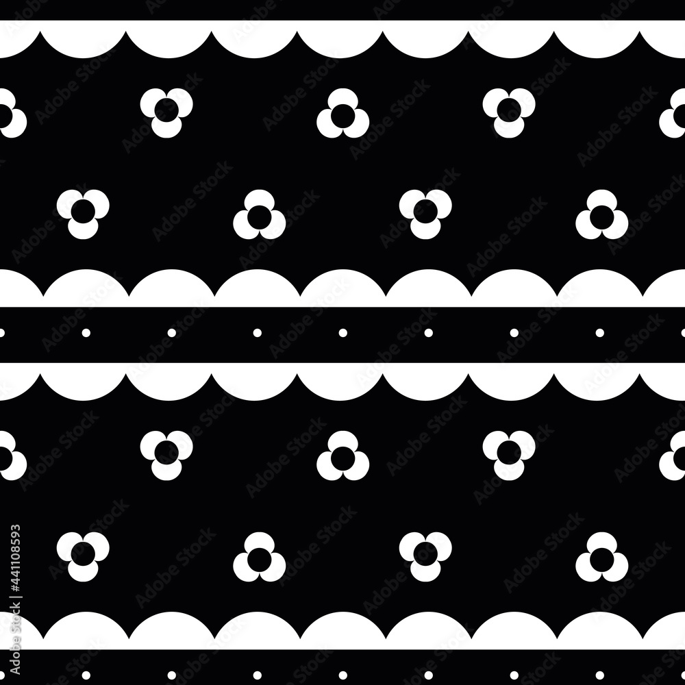 Vector White Flowerly Border on Black seamless pattern background. Perfect for fabric, wallpaper and scrapbooking projects.