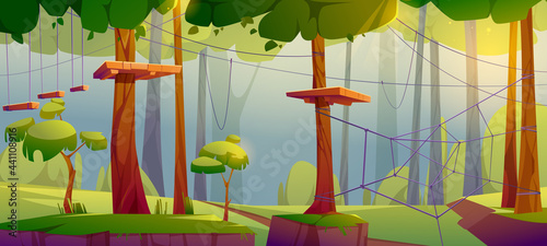 Adventure park, rope climbing center in forest with obstacles, suspended ladders and wooden platforms on trees. Outdoor place for extreme recreation, family fun, activity, Cartoon vector illustration