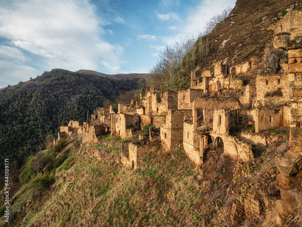 Abandoned ethnic aul. Old abandoned ghost town of Gamsutl, Dagestan, Russia.