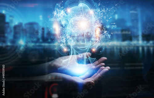 Man hand using digital artificial intelligence holographic projection 3D rendering