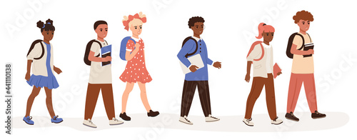 Set of girls and boys going to school. Children with backpacks and textbooks flat vector illustration on isolated background