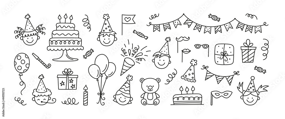 Set of Happy Birthday doodles. Sketch of party decoration, funny smily  children face, gift box and cute cake with candles. Children drawing. Hand  drawn vector illustration isolated on white background vector de