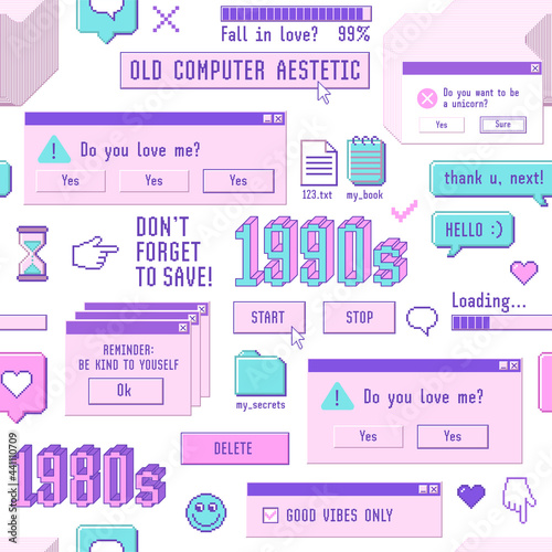 Old computer aestethic 1980s -1990s. Seamless pattern with retro pc elements and user interface.