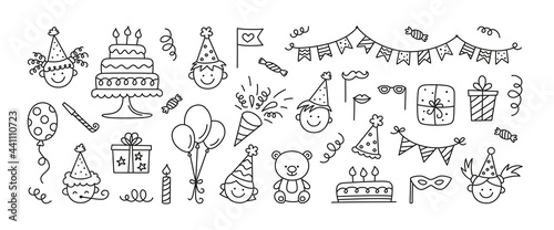 Set of Happy Birthday doodles. Sketch of party decoration, funny smily children face, gift box and cute cake with candles. Children drawing. Hand drawn vector illustration isolated on white background
