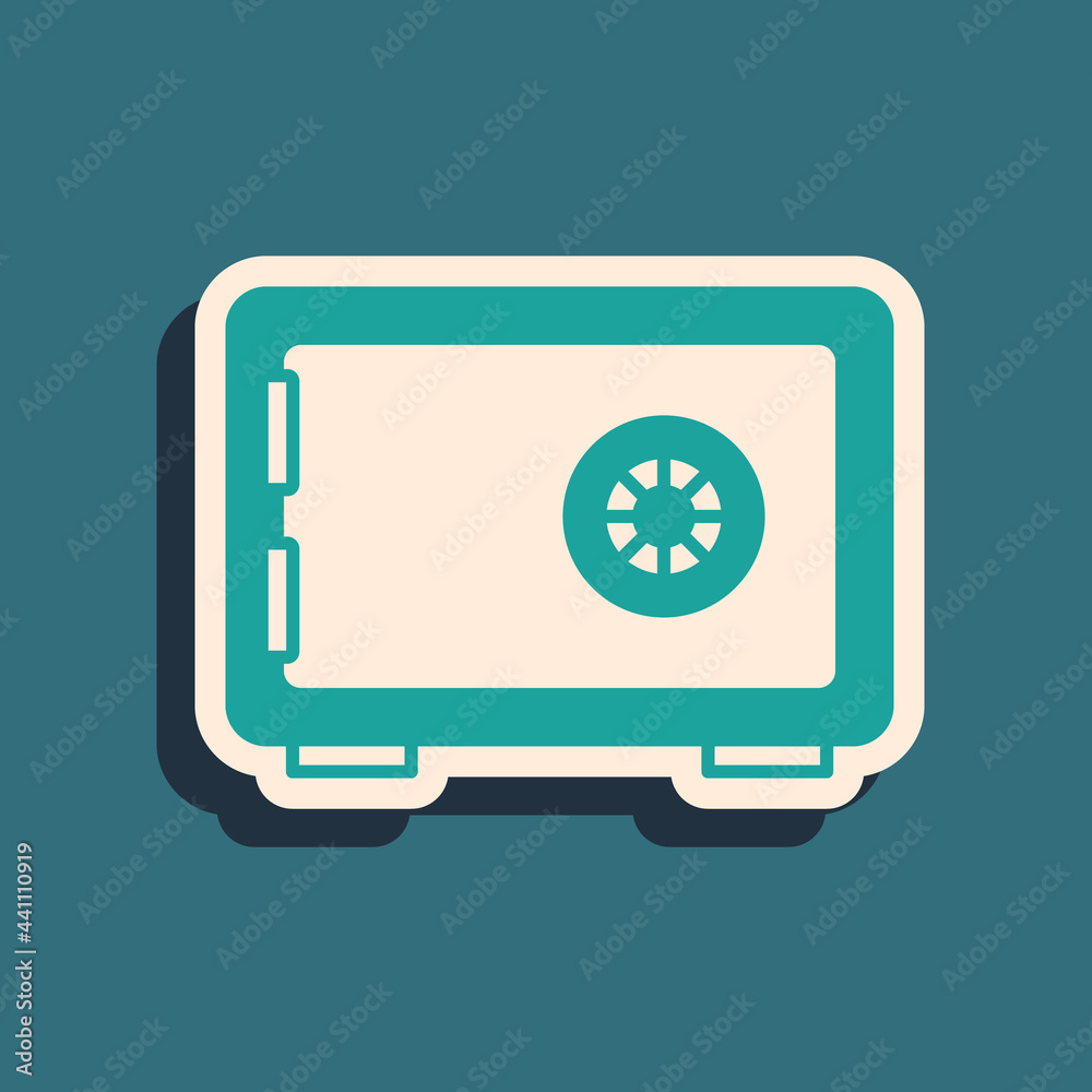 Green Safe icon isolated on green background. The door safe a bank vault with a combination lock. Reliable Data Protection. Long shadow style. Vector Green Safe icon isolated on green background. The door safe a bank vault with a combination lock. Reliable Data Protection. Long shadow style. Vector