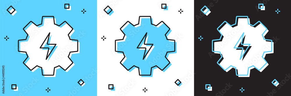 Set Gear and lightning icon isolated on blue and white, black background. Electric power. Lightning bolt sign. Vector Set Gear and lightning icon isolated on blue and white, black background. Electric power. Lightning bolt sign. Vector
