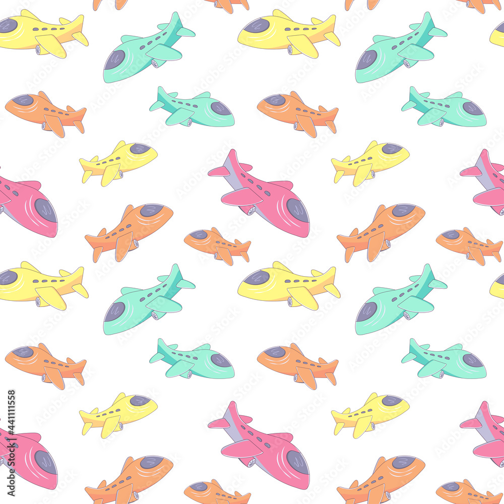 Seamless pattern with multicolored airplanes on a white background. Vector endless texture with design elements in cartoon style with stroke