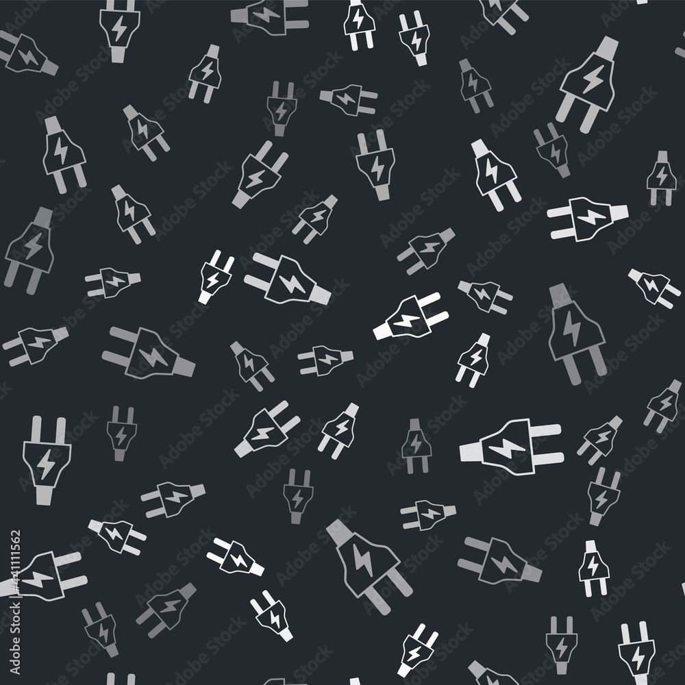 Grey Electric plug icon isolated seamless pattern on black background. Concept of connection and disconnection of the electricity. Vector Grey Electric plug icon isolated seamless pattern on black background. Concept of connection and disconnection of the electricity. Vector