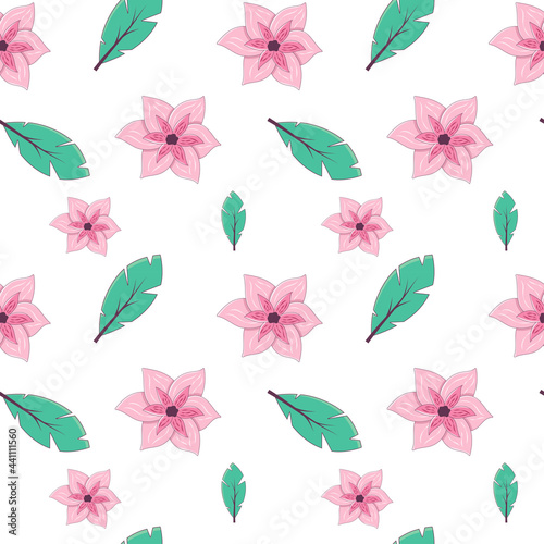 Seamless pattern with tropical leaves and flowers on a white background. Vector endless texture in cartoon style with thin strokes