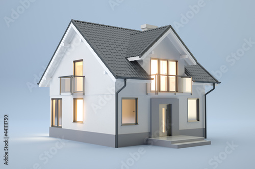3D small house on blue background. 3D illustration photo