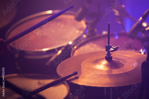 Drum set in stage lights. Close-up photo