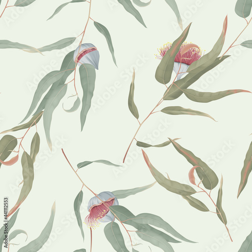 Foliage seamless pattern, green eucalyptus leaves and flowers on bright green