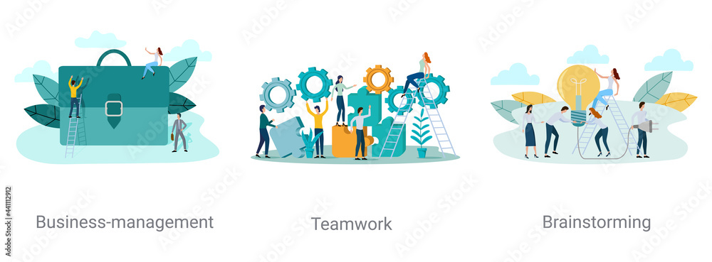 Business management,teamwork, brainstorming.A set of vector illustrations on the topic of business.Abstract illustrations.