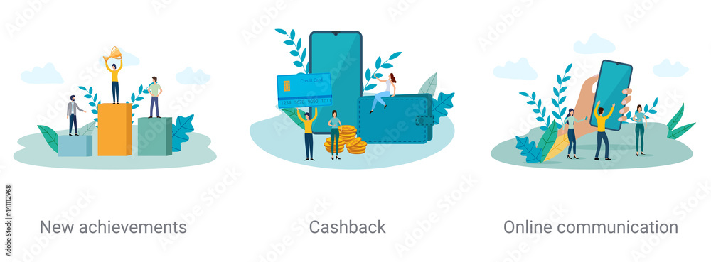 Obraz premium New achievements, Cashback,Online communication.A set of vector illustrations on the topic of business.Abstract illustrations.