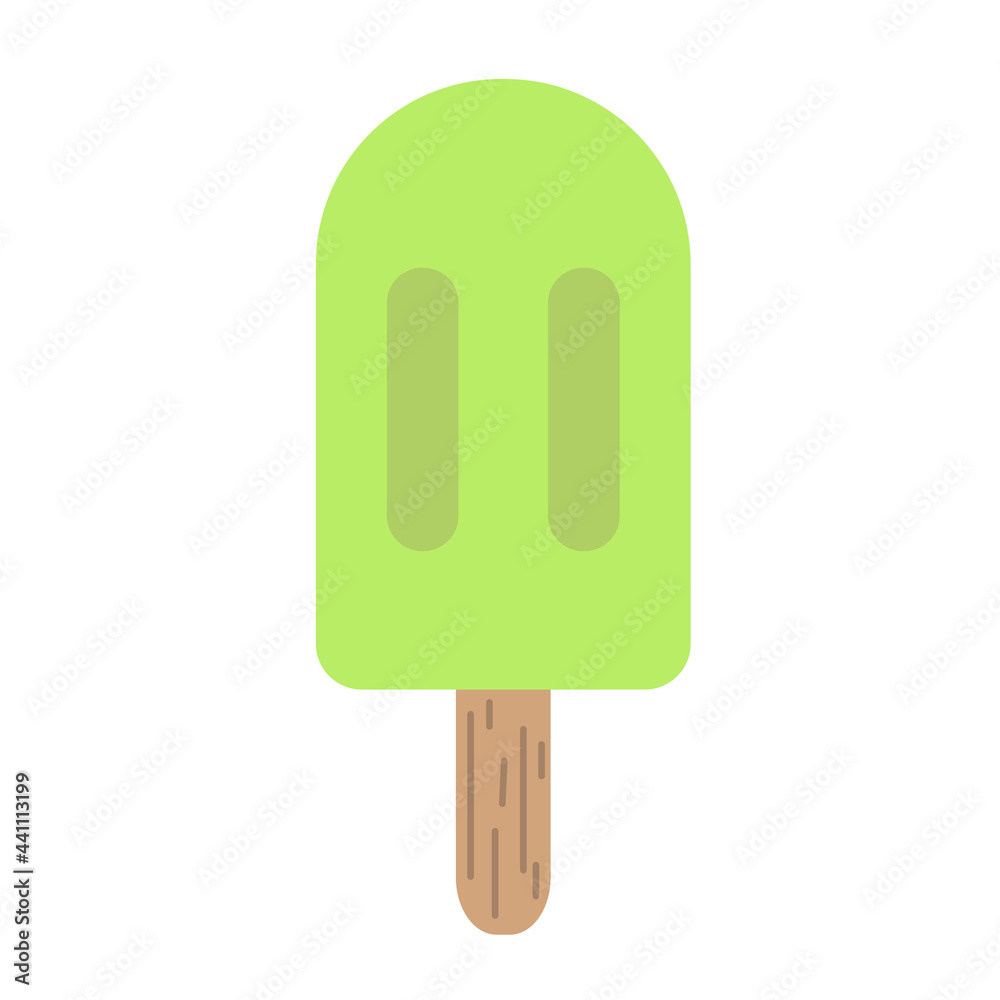 Green ice cream, vector illustration in flat style. Fruit ice cream on stick. Summer dessert. Positive print for textile, web, cards, design and decor. Fruit or berry ice cream bar Green ice cream, vector illustration in flat style. Fruit ice cream on stick. Summer dessert. Positive print for textile, web, cards, design and decor. Fruit or berry ice cream bar
