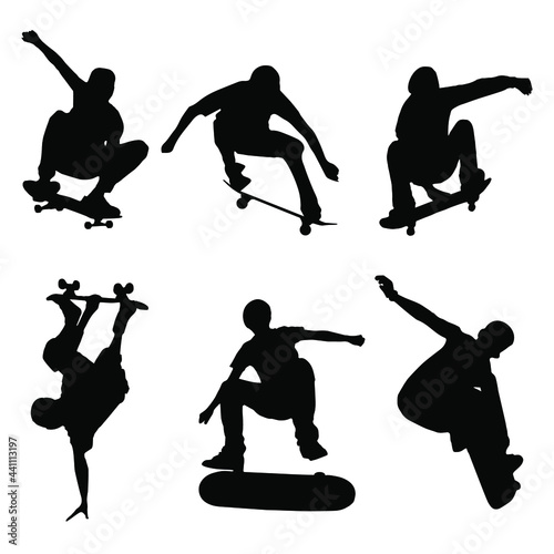 Skateboarders. Skaters. Six silhouettes of skateboarders. The shadows of the skaters. Skaters perform tricks