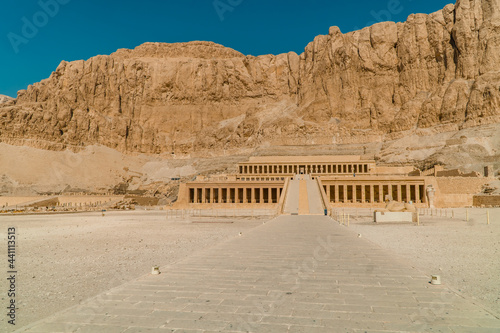 Panorama view of the Mortuary Temple of Egyptian Queen Hatshepsut in Luxor  Egypt