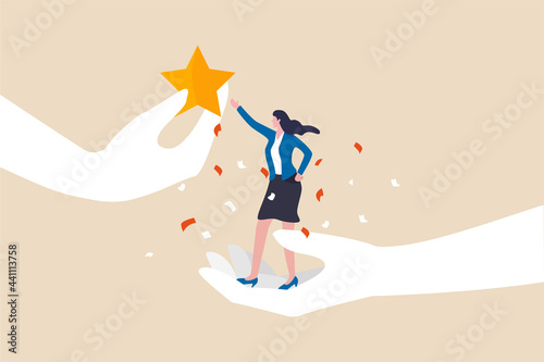 Employee success recognition, encourage and motivate best performance, cheering or honor on success or achievement concept, winning confidence businesswoman standing on big hand getting star reward. photo