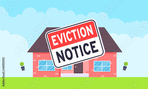 House eviction notice legal document icon sign sticker on the house building vector illustration flat style design. Notice to vacate form eviction credit debt real estate business concept.