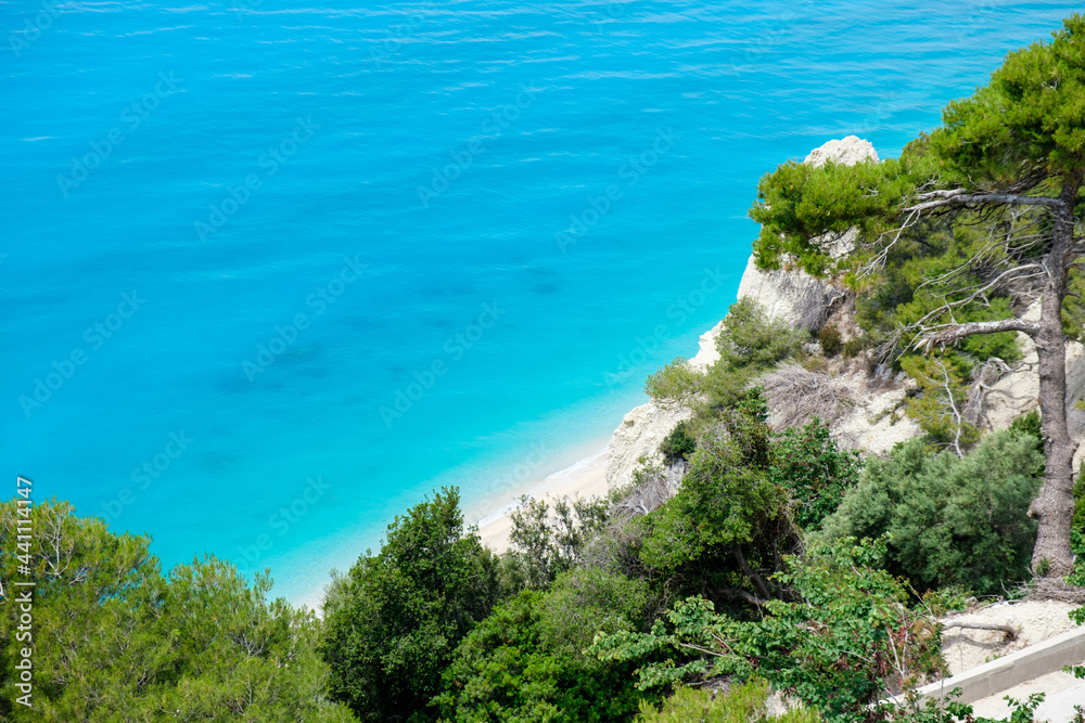 View from above at beach of Lefkada with turquoise sea water.