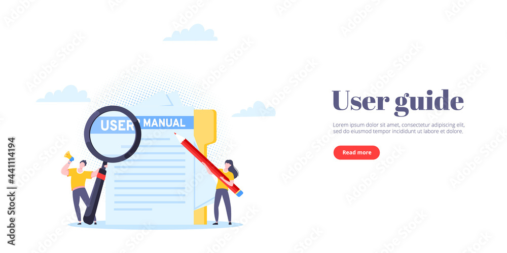 User manual guide book flat style design vector illustration. Tiny people, magnifying glass and pencil working together with guide book. Specifications user guidance document. User manual guide book flat style design vector illustration. Tiny people, magnifying glass and pencil working together with guide book. Specifications user guidance document.