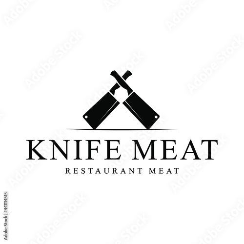 Vintage Retro Butcher shop label logo design with crossed cleavers