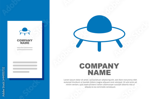 Blue UFO flying spaceship icon isolated on white background. Flying saucer. Alien space ship. Futuristic unknown flying object. Logo design template element. Vector