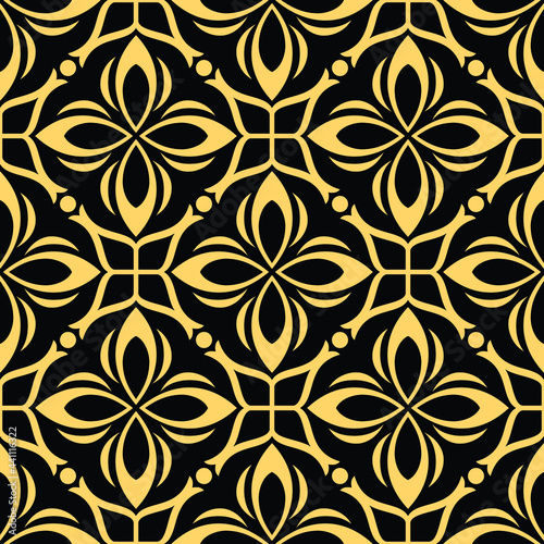 Wallpaper in the style of Baroque. A seamless background. Black and Gold Floral ornament.