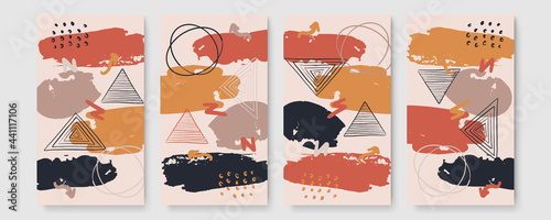 Abstract organic long vector banner template. Minimal background in boho style with copy space for text. Stories brush line triangle hand painted Scandinavian pastel background cover
