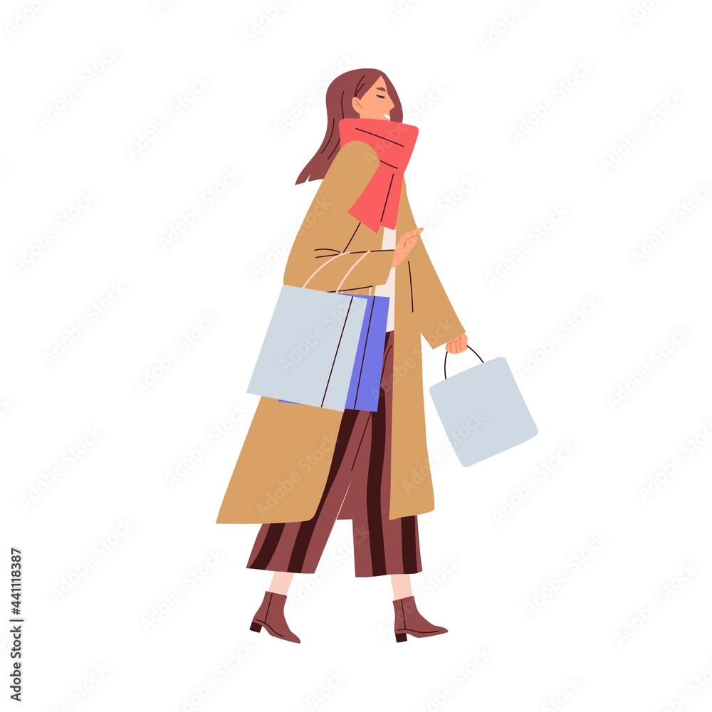 Happy smiling woman walking with bags in hands after good successful shopping. Young modern female going with purchases. Colored flat vector illustration of shopaholic isolated on white background