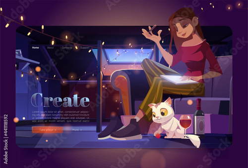 Banner with woman artist on attic at night. Girl painter sit on sofa and draw. Vector landing page of creative work and hobby with cartoon illustration of mansard cozy interior, woman with pen and cat