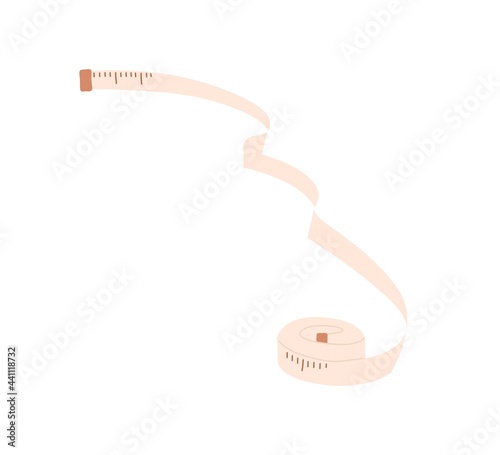 Sewing tape measure for length measurement. Rolled centimeter strip. Tailor s metric tool. Ruler for seamstress. Colored flat vector illustration of tapeline isolated on white background