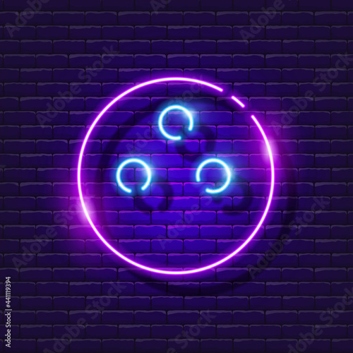Bowling ball neon icon. Vector illustration for design. Glowing game sign. Sports concept. Bowling club sign.