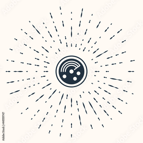 Grey Radar with targets on monitor in searching icon isolated on beige background. Search system. Navy sonar. Abstract circle random dots. Vector