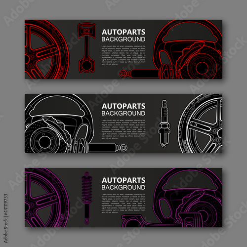 Auto parts banner. Modern template vector design. Vector car service design auto parts template. Header Design Elements. Abstract auto parts banner template background. Collection car service design