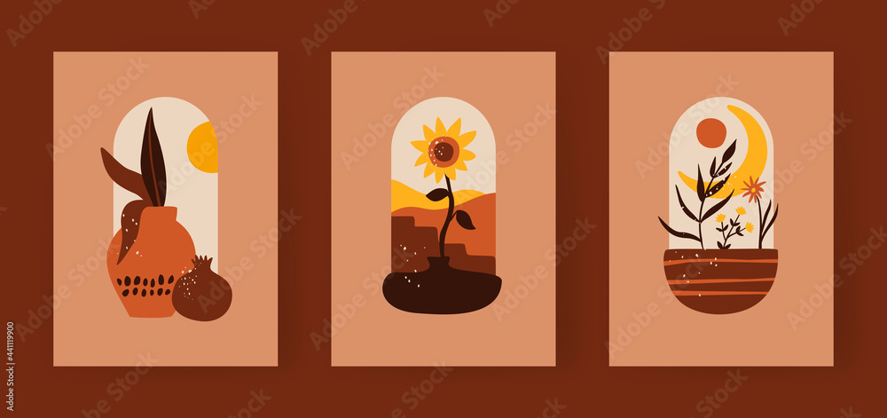 Set of boho style posters in terracotta colors. Sunflower with moon plants and abstract vase. Wide leaves in minimalistic pot and pomegranate. Wheat ears in light of crescent moon